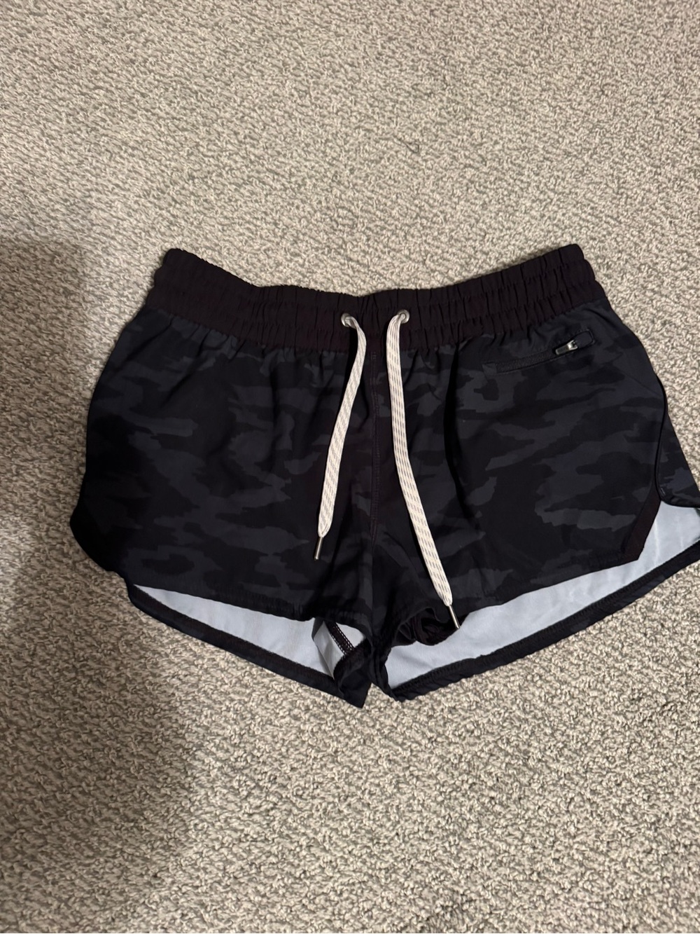 Vuori Black Camo Athletic Shorts with White Drawstring